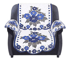 Kuber Industries Flower Design Cotton 5 Seater Sofa Cover with 6 Pieces Arms Cover and 1 Center Table Cover Use Both Side (Set of 17, White & Blue, Standard)