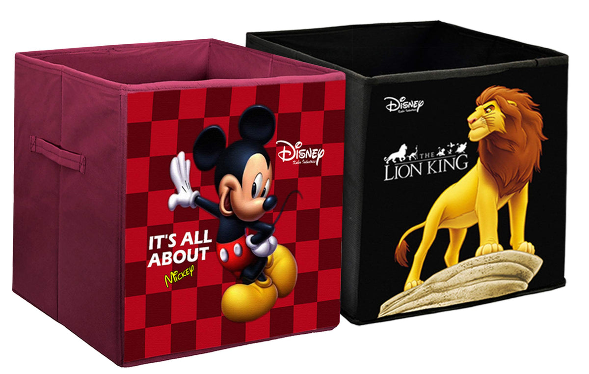 Kuber Industries Disney Mickey Lion King Print Non Woven Fabric Foldable Large Size Square Cloth Storage Box Organizer Cube with Handle (Black & Maroon, KUBMART10802) - 2 Pieces