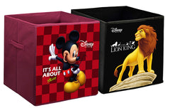 Kuber Industries Disney Mickey Lion King Print Non Woven Fabric Foldable Large Size Square Cloth Storage Box Organizer Cube with Handle (Black & Maroon, KUBMART10802) - 2 Pieces