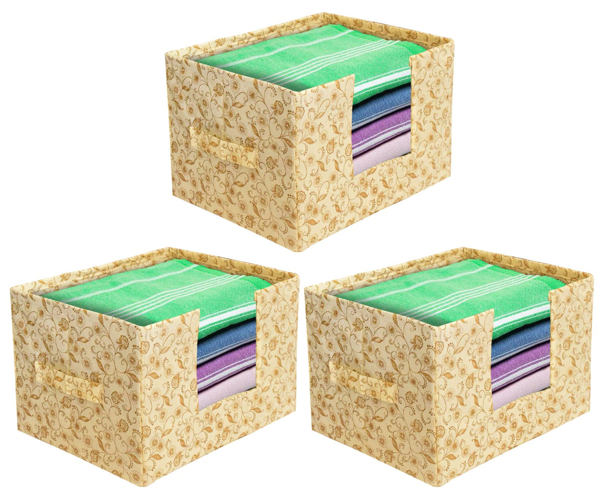 Heart Home Metallic Flower Printed Non-Woven Foldable Saree Stacker, Wardrobe Organizer, Storage Bin With Handle- Pack of 3 (Ivory)-HS43HEARTH26370