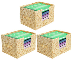 Heart Home Metallic Flower Printed Non-Woven Foldable Saree Stacker, Wardrobe Organizer, Storage Bin With Handle- Pack of 3 (Ivory)-HS43HEARTH26370