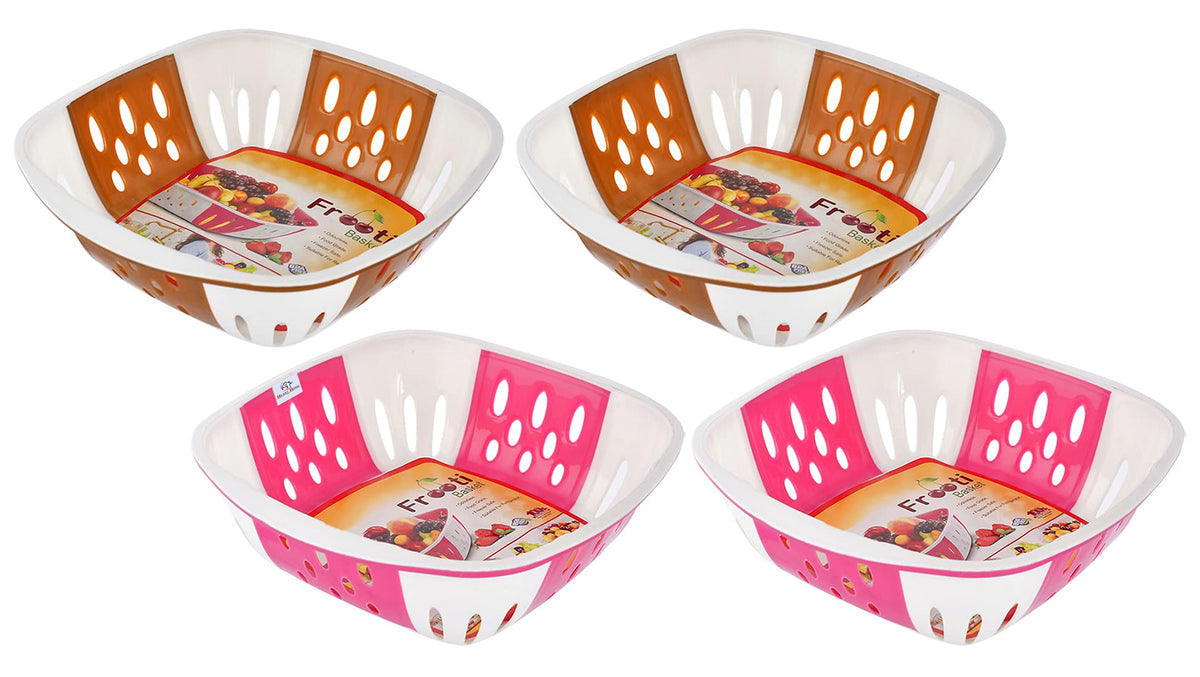 Heart Home Large Multi-Purpose Plastic Storage Baskets for Fruits Vegetables and Kitchen Fridge Dining Table- Pack of 4 (Pink & Brown)-HS42KUBMART25420
