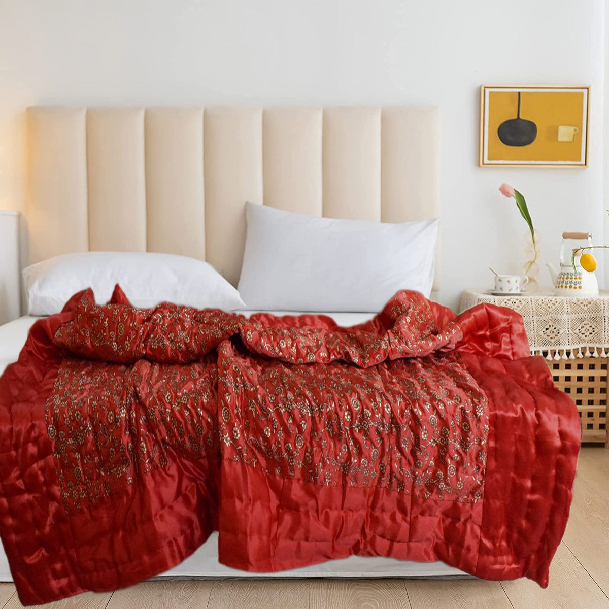 Kuber Industries Floral Print Soft Light Weight Microfiber Filler Silk Double Bed Razai, Quilt, Comforter, Blanket, 90"x100" (Maroon)-48KM07, Queen