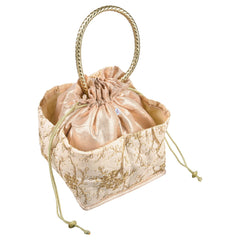 Heart Home Hand Bag|Silk Embroidery Drawstring Bag|Traditional Indian Handmade 5 Pocket Potli Bag with Golden Handle (Cream)
