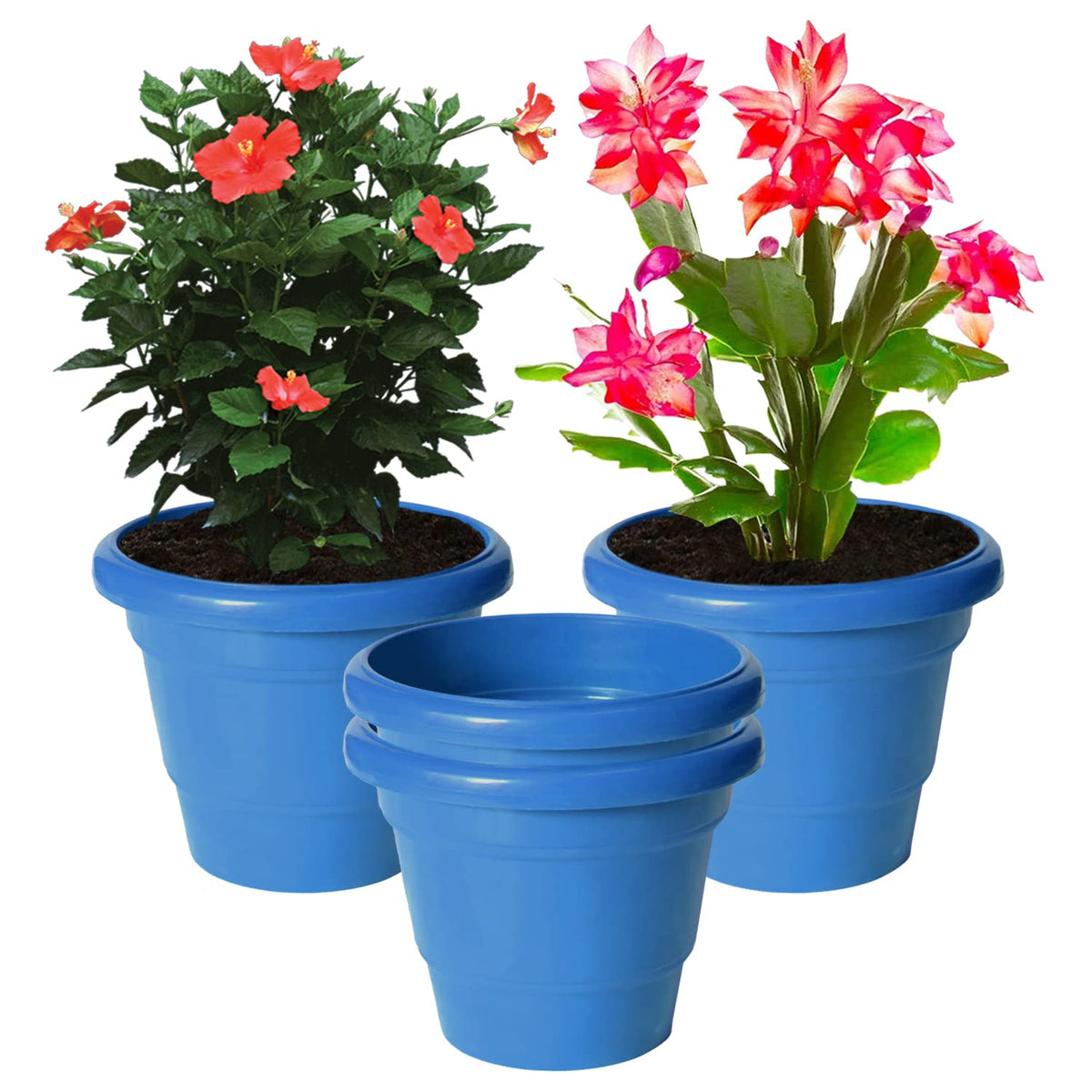 Kuber Industries Solid 2 Layered Plastic Flower Pot|Gamla for Home Decor,Nursery,Balcony,Garden,8"x 6",Pack of 4 (Blue)