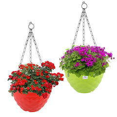 Heart Home Diamond Flower Pot|Durable Plastic Hanging Basket Flower Planter with Chain for Home|Garden|Balcony|Pack of 2 (Red & Green)