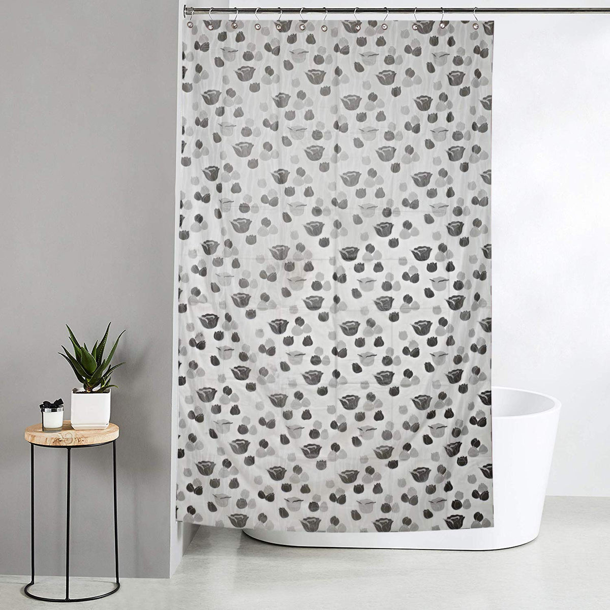 Kuber Industries Flower Design Waterproof PVC Floral Shower Curtain with 8 Hooks (CTKTC33764, Grey, 54 x 84 inch)