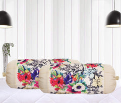 Heart Home Bolster Cover|Polyester Bolster Cover Set|Diwan Round Bolster Pillow Covers|Luxurious Floral Print Roll Masand Cover|Pack of 2 (Cream)