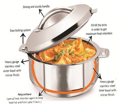 Heart Home Stainless Steel Casserole Double Wall Insulated Hot Pot Food Serving with Lid and Handle, 1800ml (Silver)