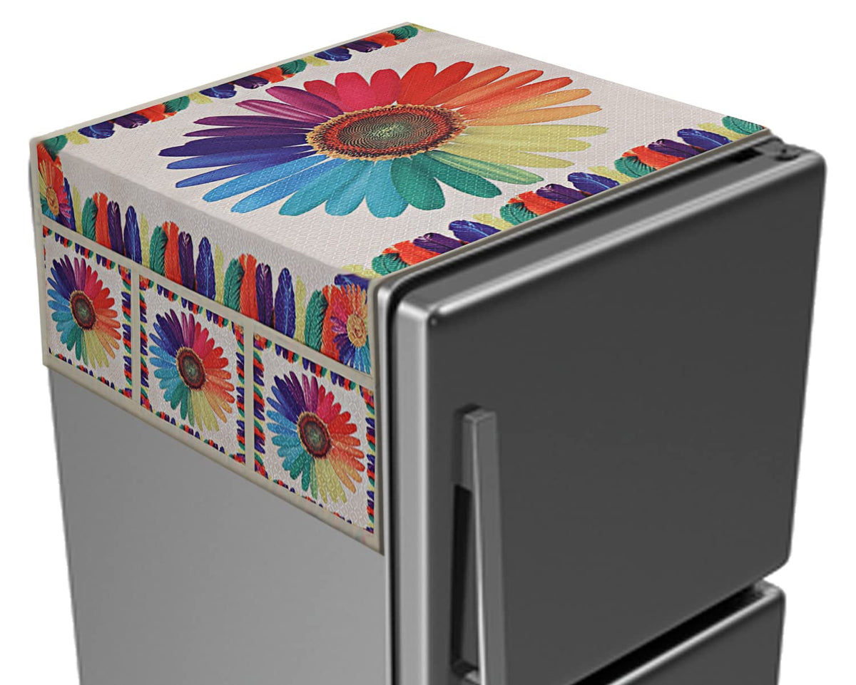 Heart Home Flower Printed Polyster Fridge Top Cover, Protect for Scratches, Wear & Tear and Dust with 6 Utility Side Pockets (Multicolor)