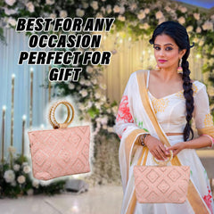 Heart Home Clutch Bag | Zig Zag Chicken Silk Embroidery | Moti Churi Handle | Hand Purse for Woman | Party Bags for Woman | Wedding Clutch Purse | Pack of 2 | Peach