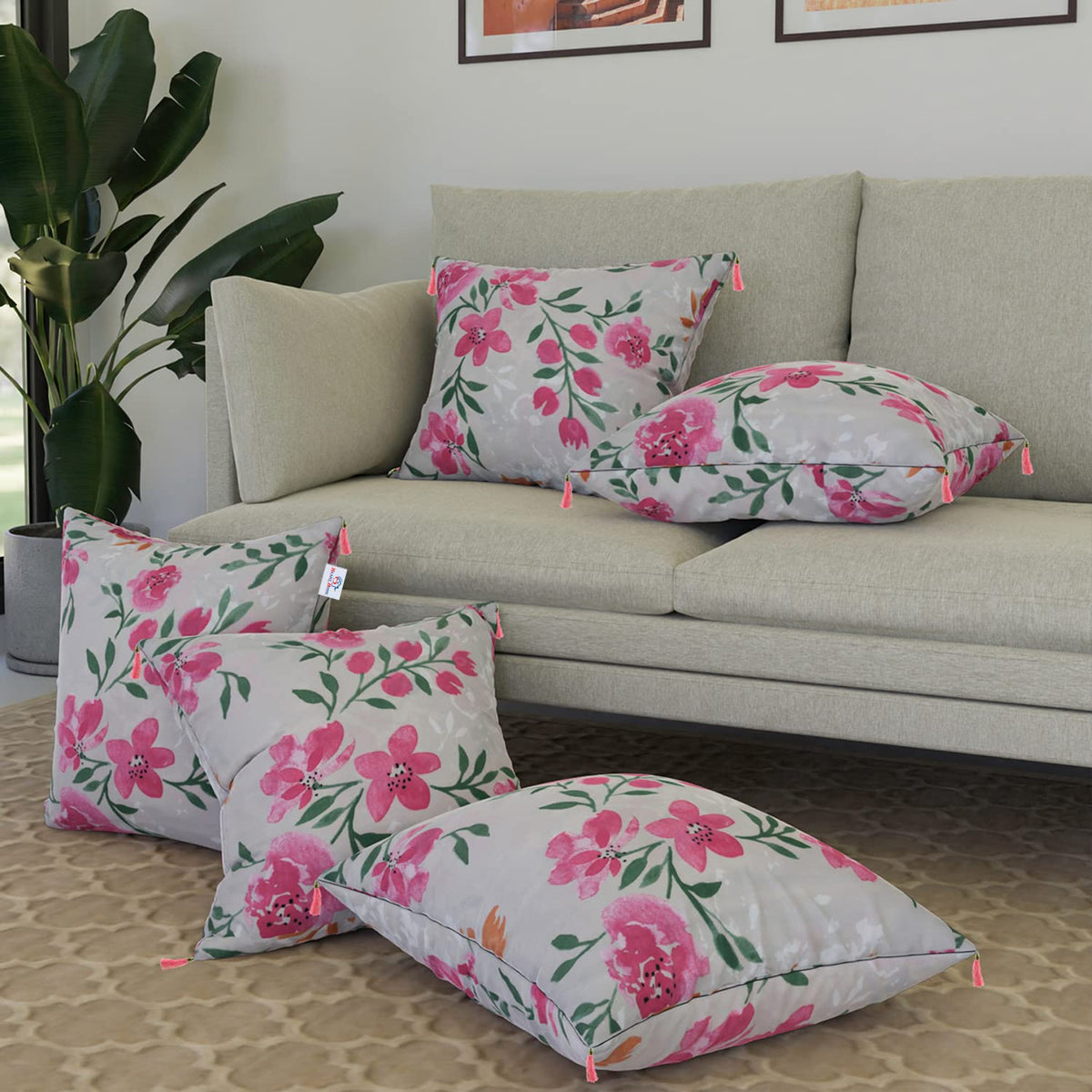 Heart Home Cushion Cover | Square Cushion Covers | Cotton Cushion Covers | Green Leaf Print Cushion Covers with Tassels | Set of 5 | 16 Inch | Multicolor