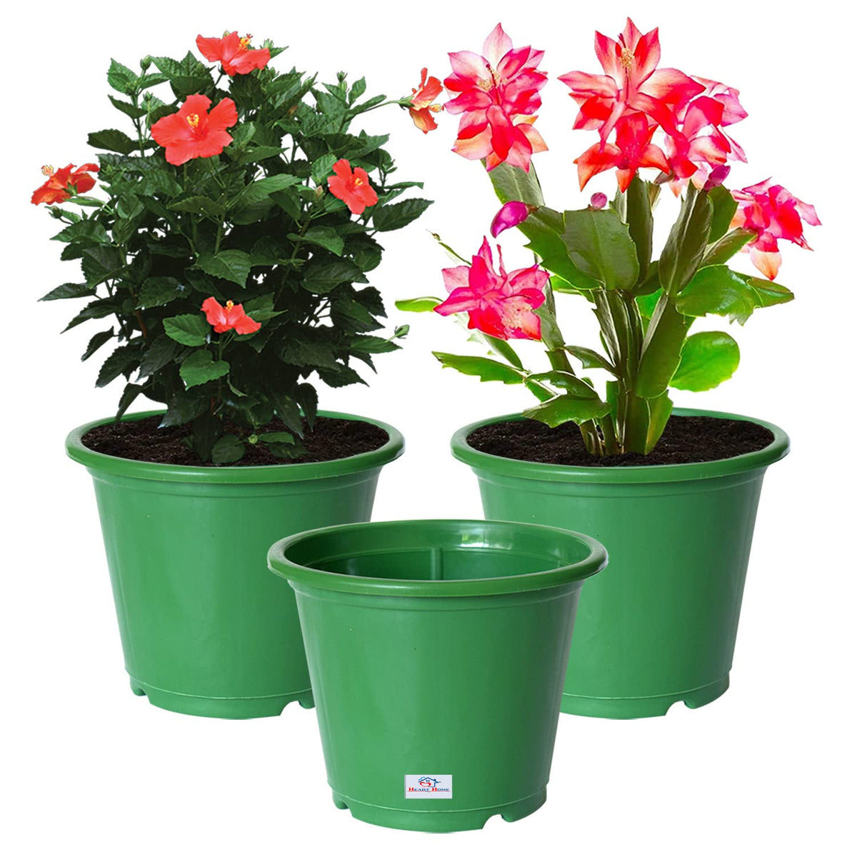 Heart Home Durable Plastic Flower Pot|Gamla with Drain Holes for Indoor Home Decor & Outdoor Balcony,Garden,6"x5",Pack of 3 (Green)
