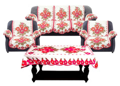 Kuber Industries Flower Design Cotton 5 Seater Sofa Cover with 6 Pieces Arms Cover and 1 Center Table Cover Use Both Side (Set of 17, White & Pink, Standard)-KUBMART12027,