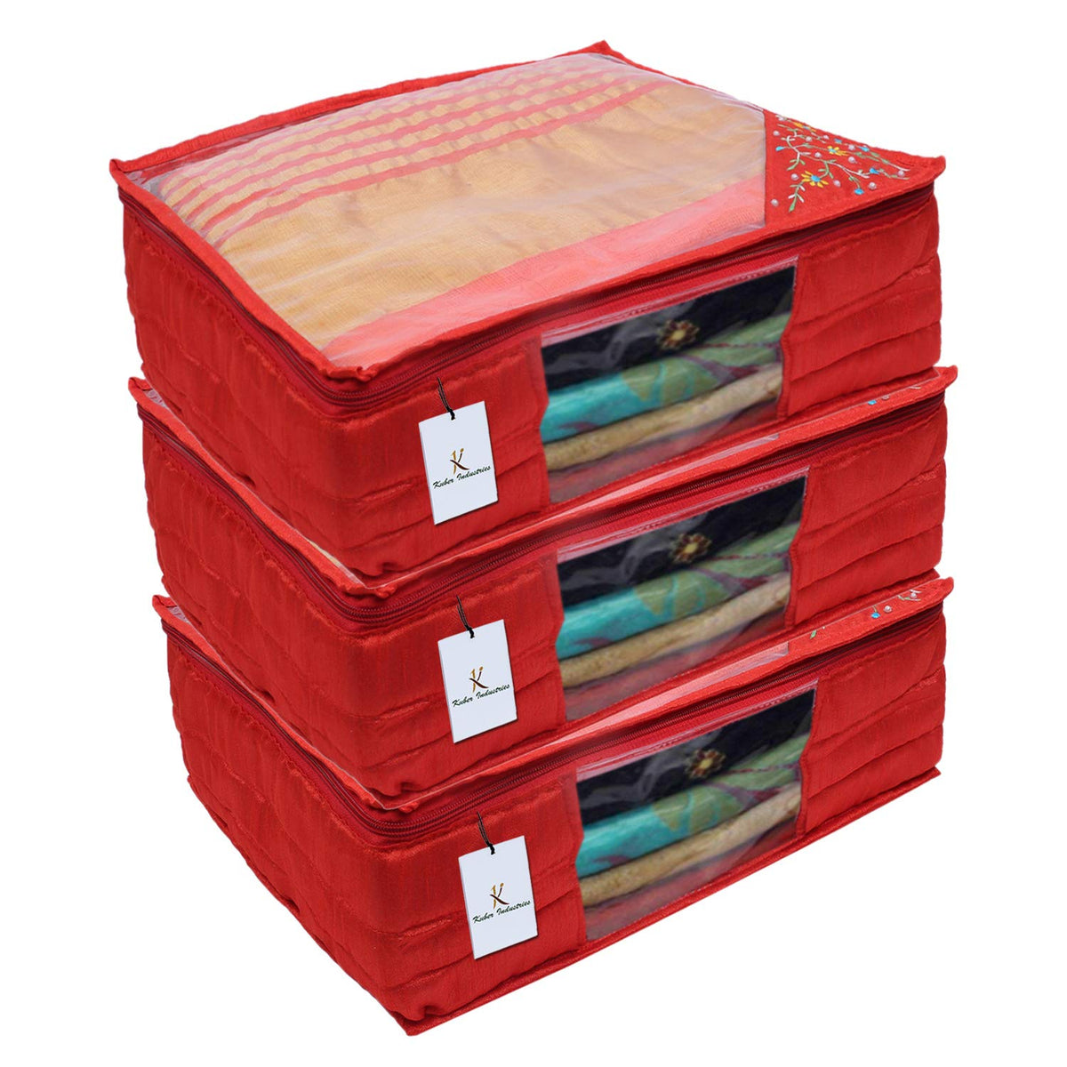 Kuber Industries 3 Layered Quilted Silk 3 Pieces Saree Cover (Red) -CTKTC024669