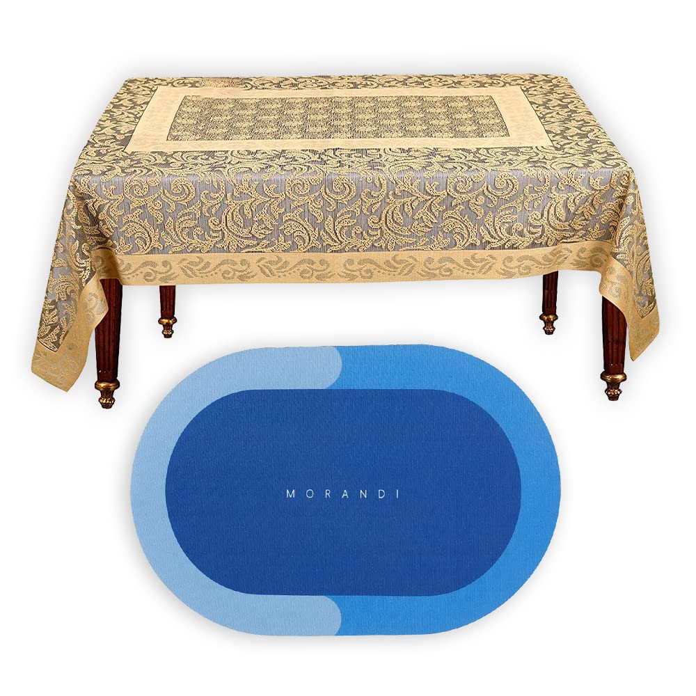 Kuber Industries Center Table Cover and Door Mat Set | Cotten Table Cloth for 4 Seater 150 x 100 x 1 cm (Gold)| Super Absorbent, Quick Dry, Anti Slip Bathroom Mat 40 x 60 cm (Blue)