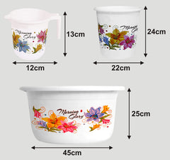 Kuber Industries Printed 3 Pieces Plastic Bucket, Mug & Tub Set (White)