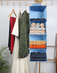 Heart Home Laheriya Print Non Woven Hanging 4 Shelves Foldable Wardrobe/Closet Cloth Organizer (Blue)-KUBMART15342