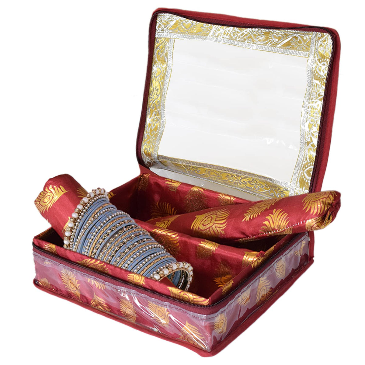 Heart Home Feather Design Laminated 2 Rod Box, Organizer For Bangle, Watches, Bracelets, Jewellery With Tranasparent Top (Maroon)-47HH0198