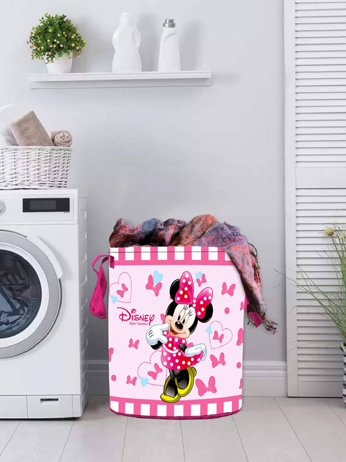 Kuber Industries Disney Minnie Print Round Non Woven Fabric Foldable Laundry Organiser with Handles,45 LTR (Pink)-KUBMART11640