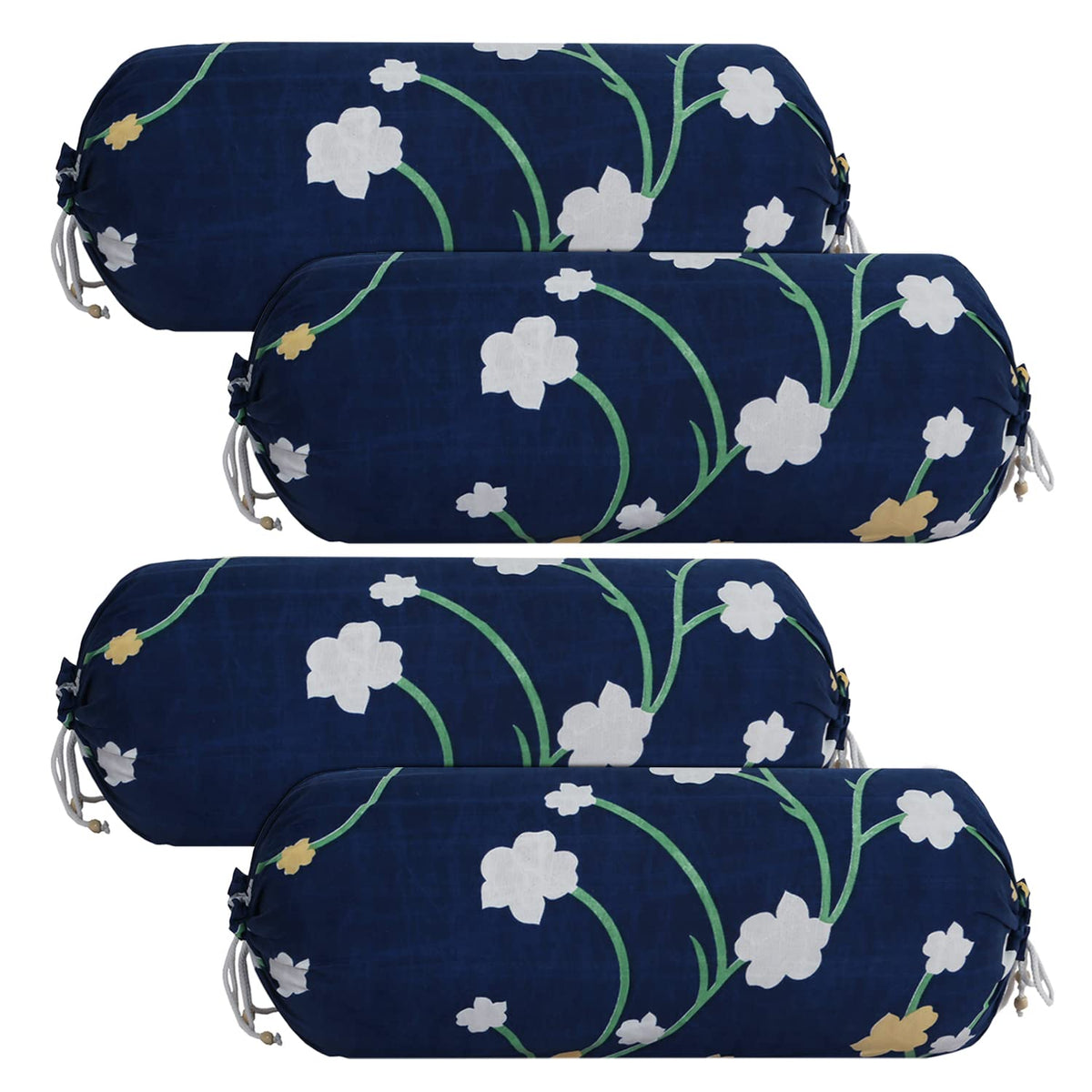 Kuber Industries Bolster Cover|Soft Cotton Bolster Cover Set|Diwan Round Bolster Pillow Covers|Luxurious Flower Print Roll Masand Cover|16x32 Inch|Pack of 4 (Blue)