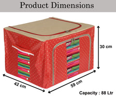 Kuber Industries Dot Printed Steel Frame Living Box, Closet Organizer, Cloth Storage Boxes for Wardrobe With Clear Window, 88Ltr. (Red & Brown)-44KM0262