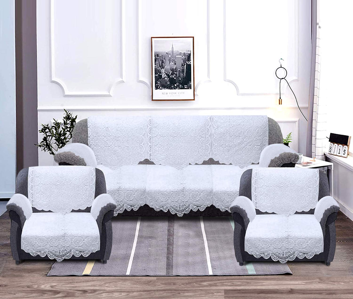 Kuber Industries Circle Design Cotton Sofa Cover 3 Seater and 2 Seater|6 Piece Arms Cover Use Both Side|5 Seater Sofa Cover|Set of 16 (White)-KUBMART11945