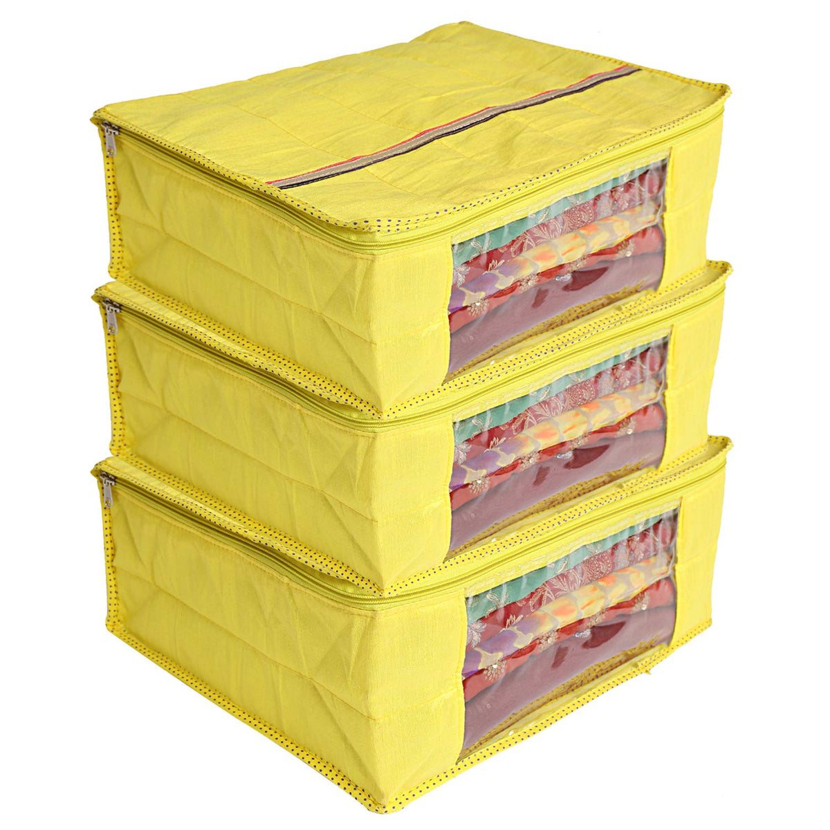 Kuber Industries 3 Piece Raw Silk Saree Cover, Yellow