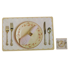 Kuber Industries Plate Design Floral PVC 6 Piece Dining Table Placemat Set with Tea Coasters - Cream