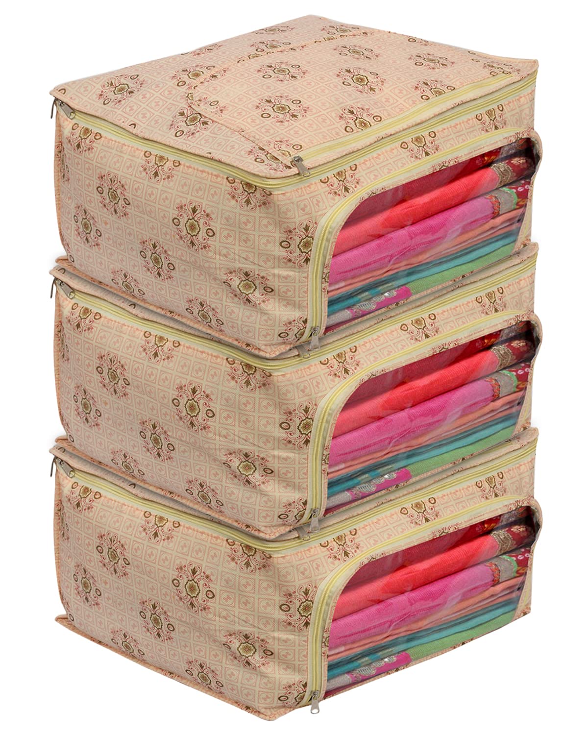 Kuber Industries Floral Print Non-Woven Saree cover With Large Pocket For Saree, Lehenga, Suit & Transparent Window, Pack of 3 (Pink) 54KM4166