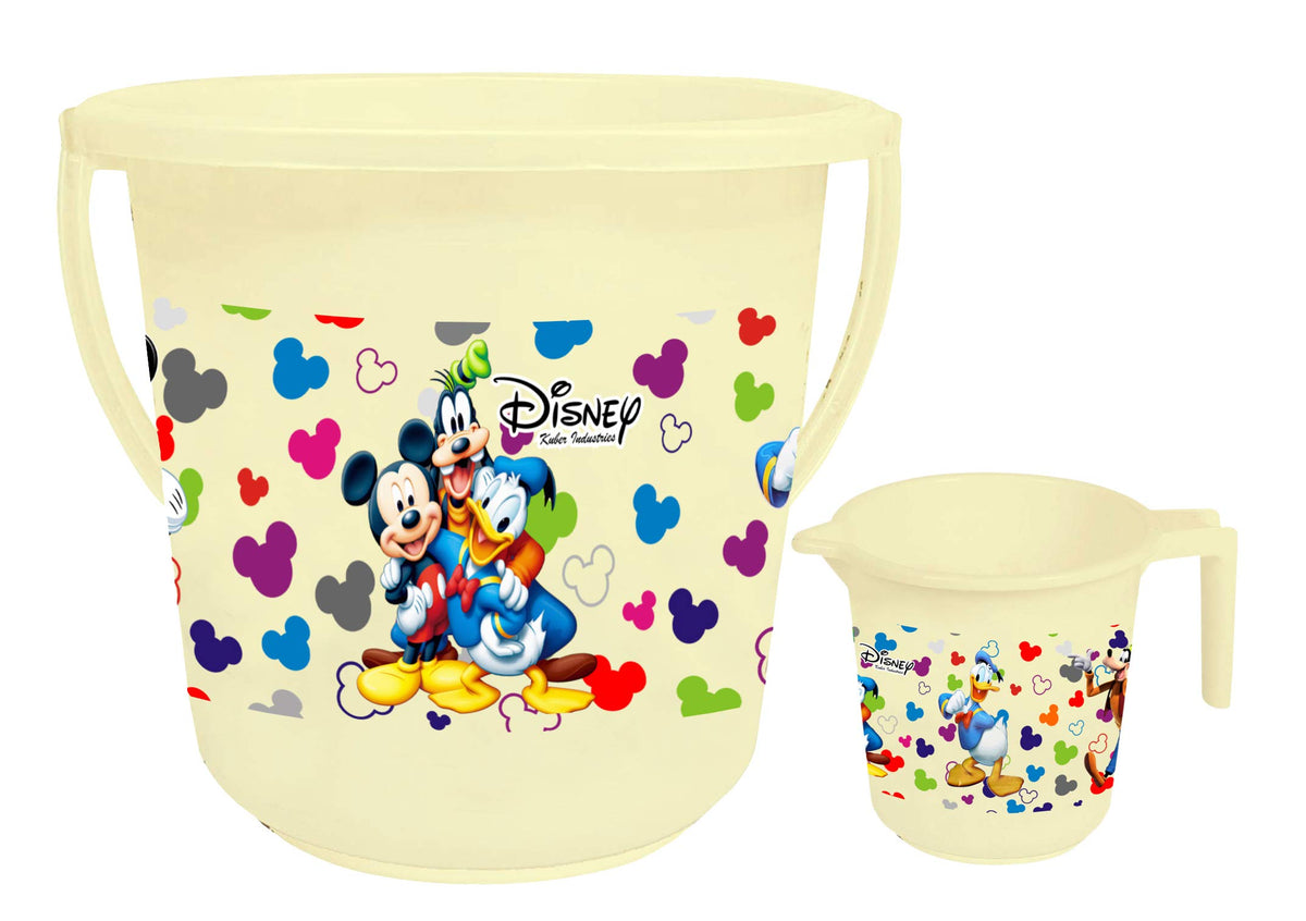 Kuber Industries Disney Team Mickey Print 2 Pieces Unbreakable Virgin Plastic Bathroom Bucket With Mug Set- Cream, (1 Pc 16 LTR Bucket & 1 Pc 500 ML Mug) -HS_35_KUBMARTS17485