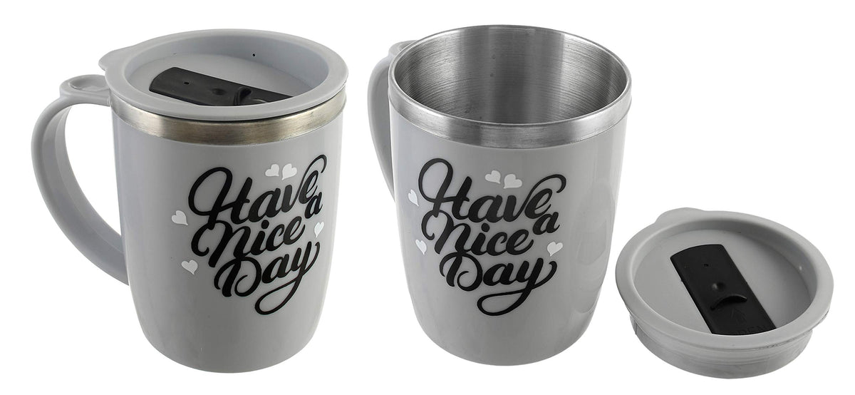 Kuber Industries Have A Nice Day Unicorn Tea Coffee Time Unbreakable hot Insulated Double Wall Plastic Stainless Steel Tea,Coffee/Milk Mug with Sipper lid (Set of 2,Grey)-KUBMARTK11114