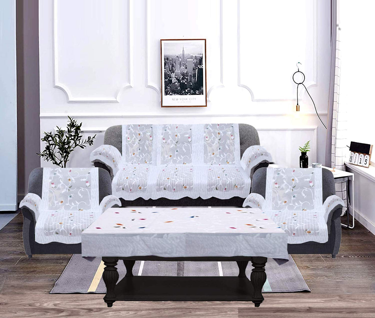 Kuber Industries Leaf Design Cotton 5 Seater Sofa Cover with 6 Pieces Arms Cover and 1 Center Table Cover Use Both Side, Living Room, Drawing Room, Bedroom, Guest Room (Set of 17, Cream)