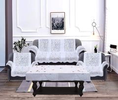 Kuber Industries Leaf Design Cotton 5 Seater Sofa Cover with 6 Pieces Arms Cover and 1 Center Table Cover Use Both Side, Living Room, Drawing Room, Bedroom, Guest Room (Set of 17, Cream)