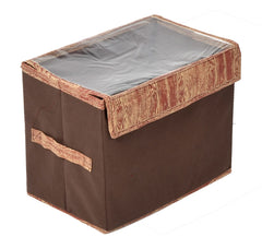 Heart Home Wooden Design Multiuses Medium Non-Woven Storage Box/Organizer With Tranasparent Lid- Pack of 3 (Brown) -44HH0439