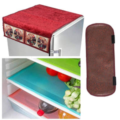 Kuber Industries Cloth 3 Pieces Fridge Mat, 1 Piece Handle Cover and 1 Pieces Fridge Top Cover (Multi)-CTKTC2751