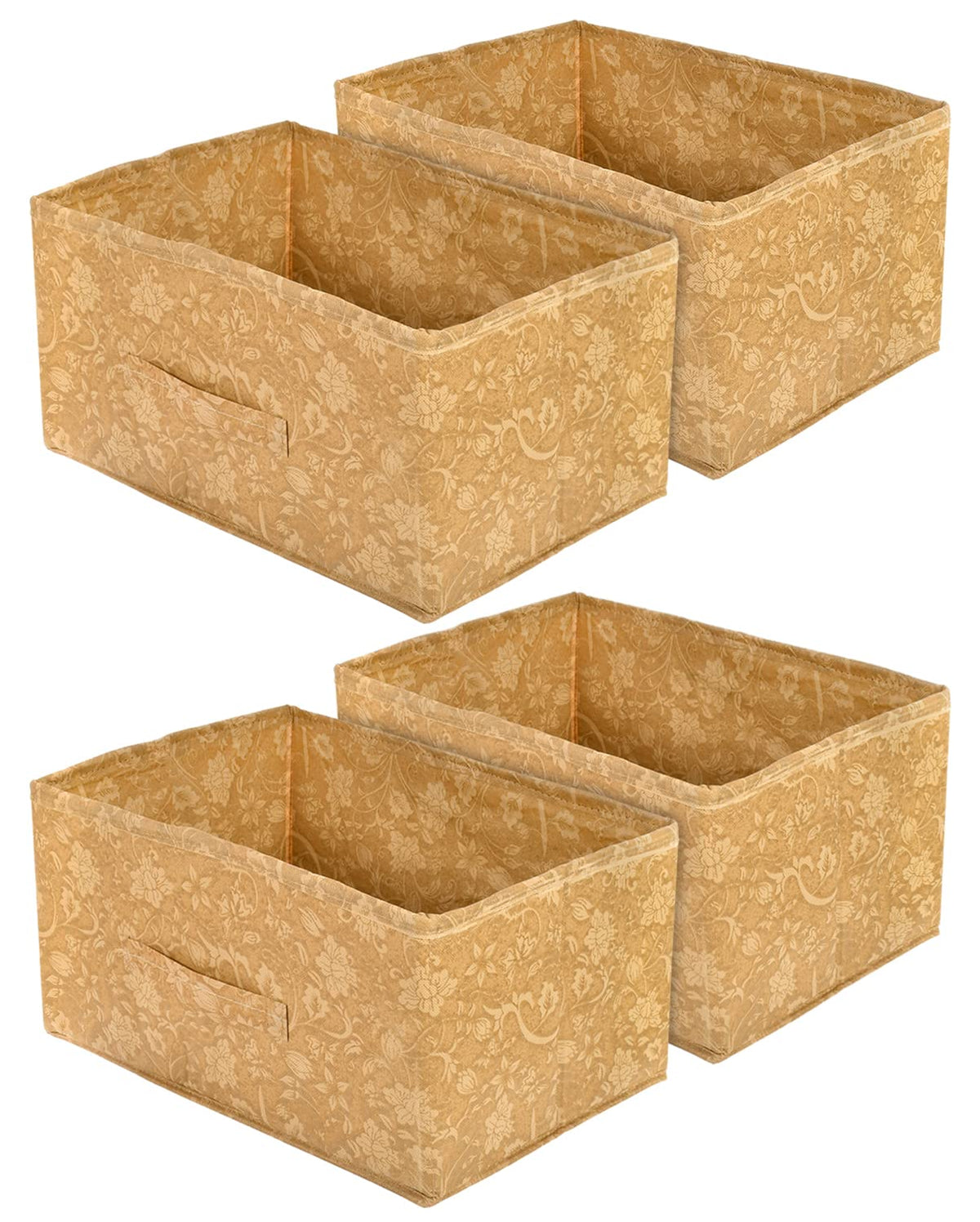 Heart Home Metallic Flower Printed Multipurposes Rectangular Flodable Storage Box, Drawer Storage and Cloth Organizer- Pack of 4 (Brown)-HS43HEARTH26327