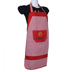 Kuber Industries Happy Chef Checkered Cotton Waterproof Kitchen Apron with Front Pocket - Red