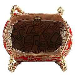 Heart Home Attractive Embroidery Polyester Hand Purse & Artificial Pearls Handle With 3 Magnetic Lock for Woman,Girls (Red)