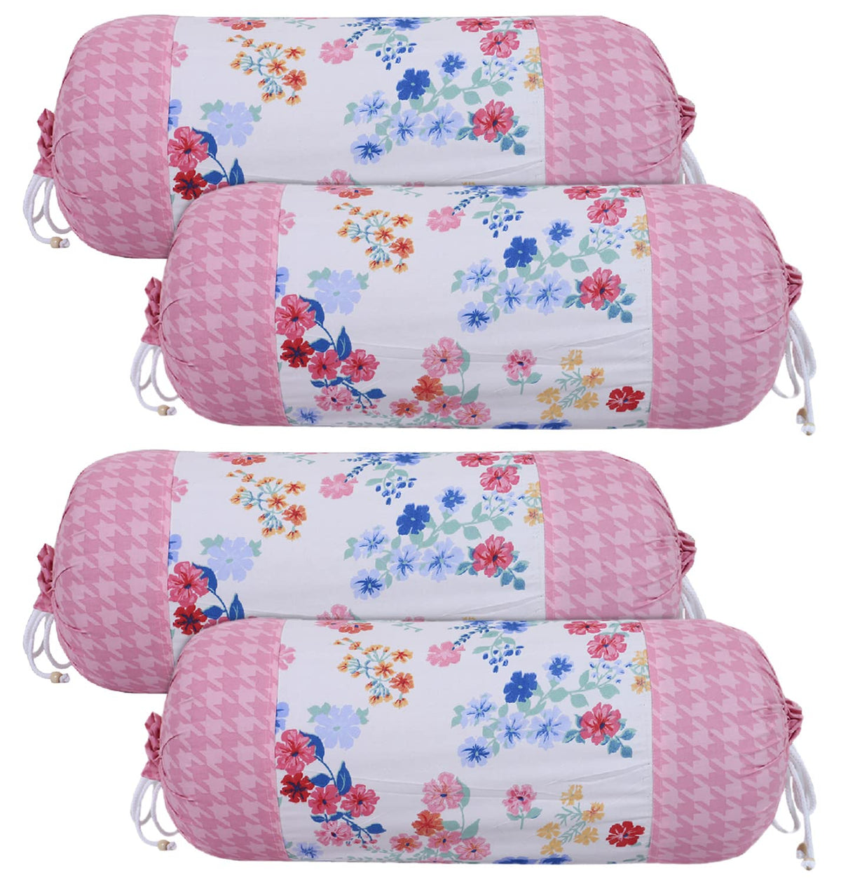 Kuber Industries Cotton Floral Print Attractive Bolster Cover with Drawstring for Home Décor,Set of 4 (White)