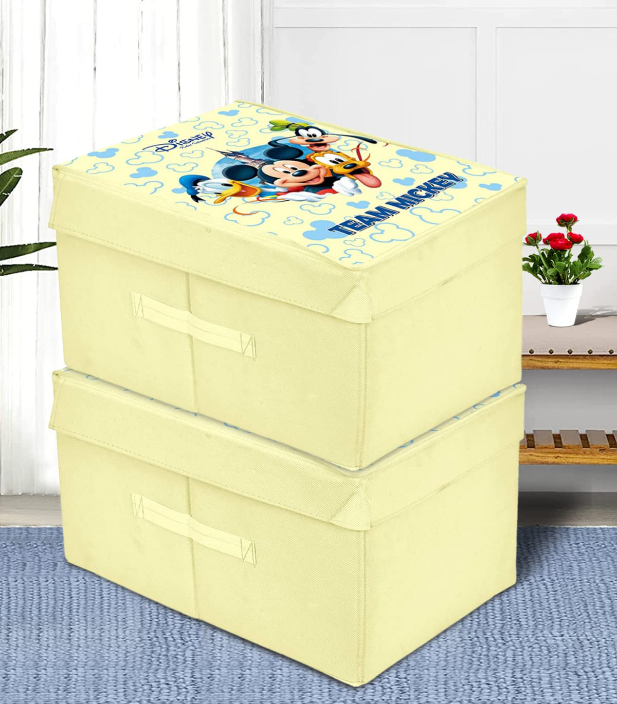 Heart Home Disney Team Mickey Printed Multipurposes Non-Woven Flodable Storage Box/Oragnizer- Pack of 2 (Cream)-HS43HEARTH26568