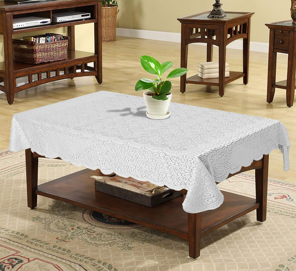 Heart Home Seamless Elegant Printed Cotton 4 Seater Center Table Cover,40"x60" (White)-44HH065