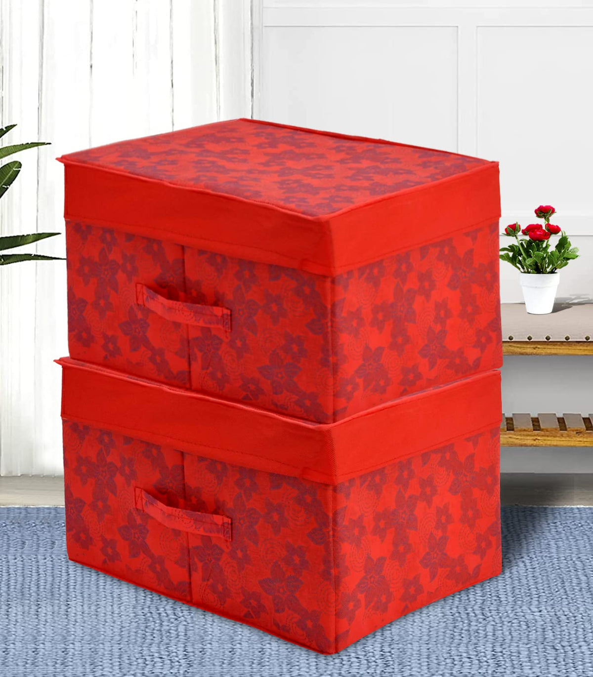 Heart Home Metallic Flower Printed Multipurposes Non-Woven Flodable Storage Box/Oragnizer- Pack of 2 (Red)-HS43HEARTH26588