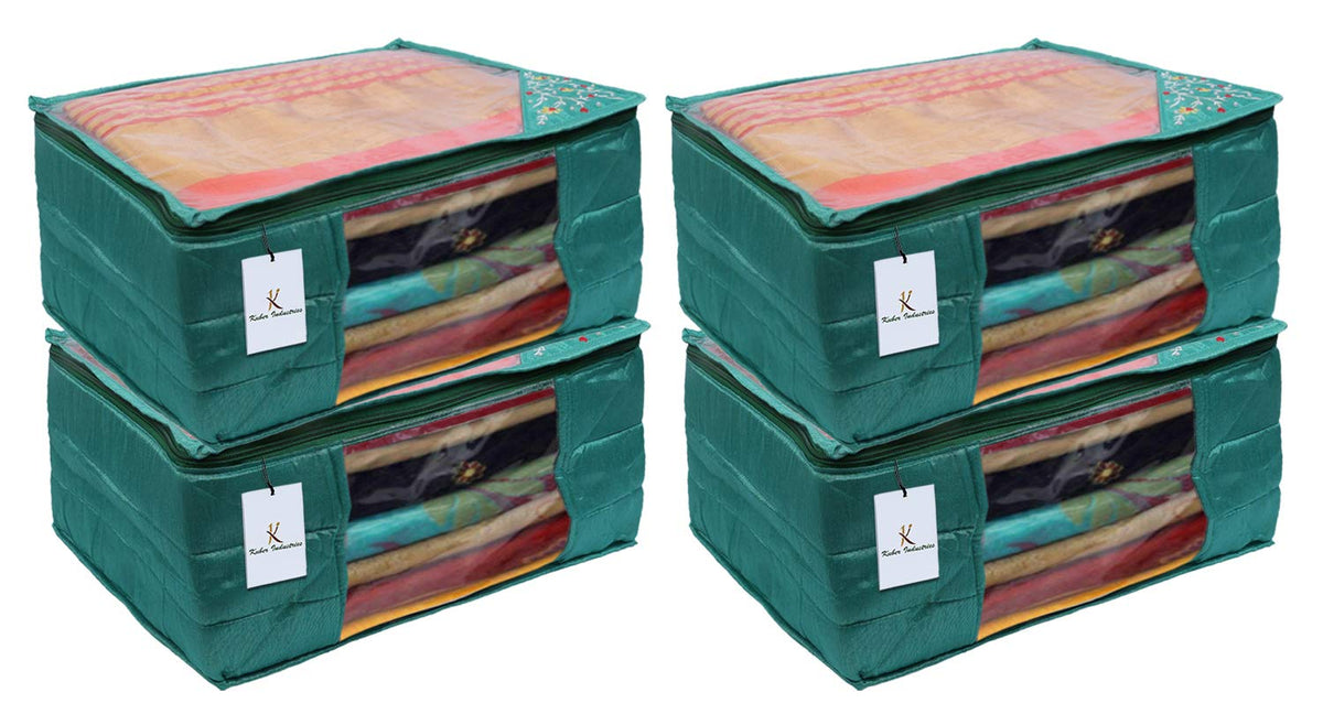 Kuber Industries 3 Layered Quilted Silk 4 Pieces Saree Cover (Green) -CTKTC24695