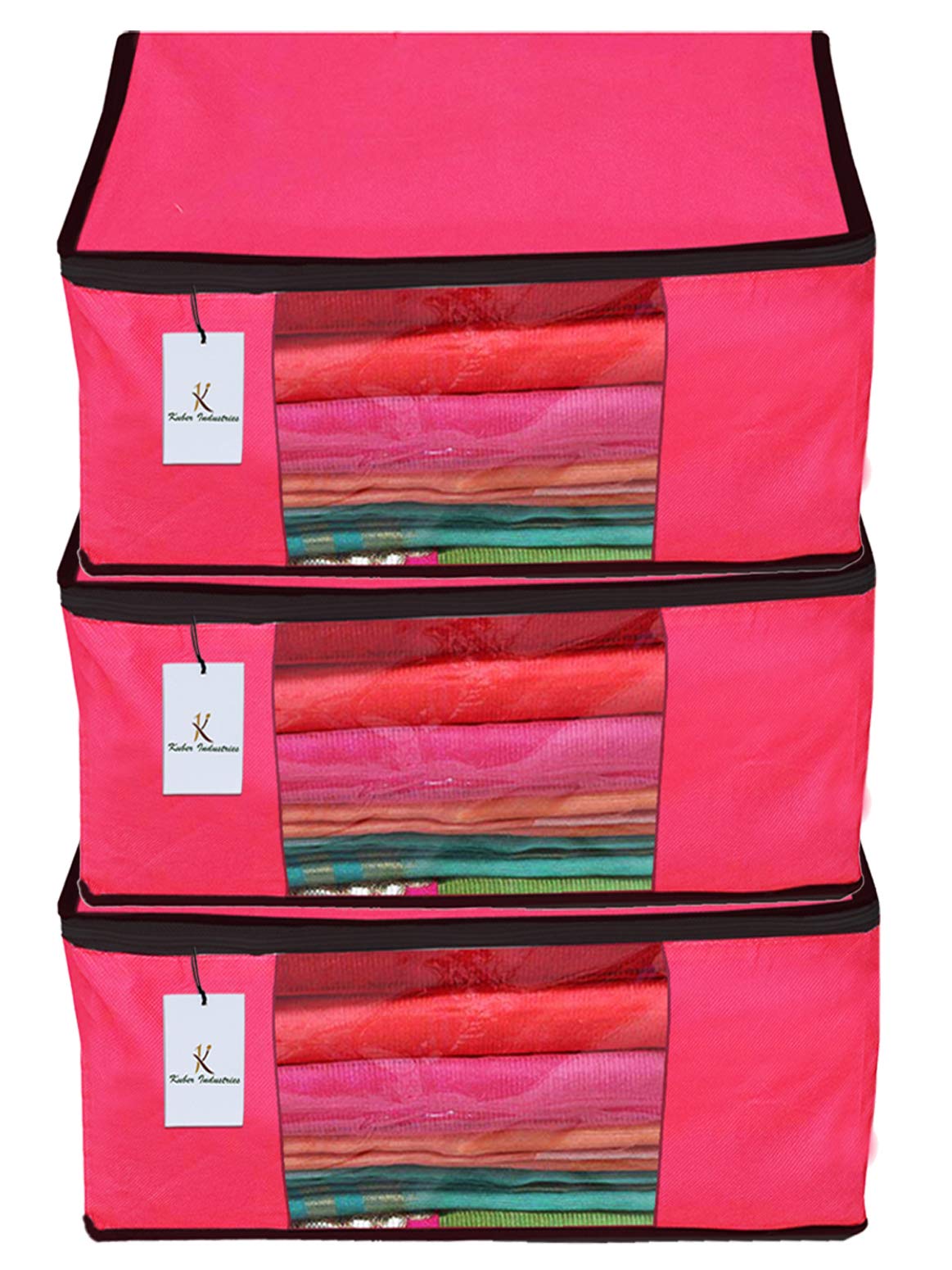 Kuber Industries 3 Piece Non Woven Fabric Saree Cover Set with Transparent Window, Extra Large, Pink-CTKTC23760