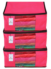 Kuber Industries 3 Piece Non Woven Fabric Saree Cover Set with Transparent Window, Extra Large, Pink-CTKTC23760