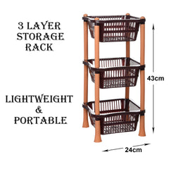 Heart Home Storage Basket | Plastic 3 Layer Square Storage Basket | Storage Rack for Kitchen | Multi-Layer Vegetable Rack | Fiesta Floor-Standing Rack | Brown