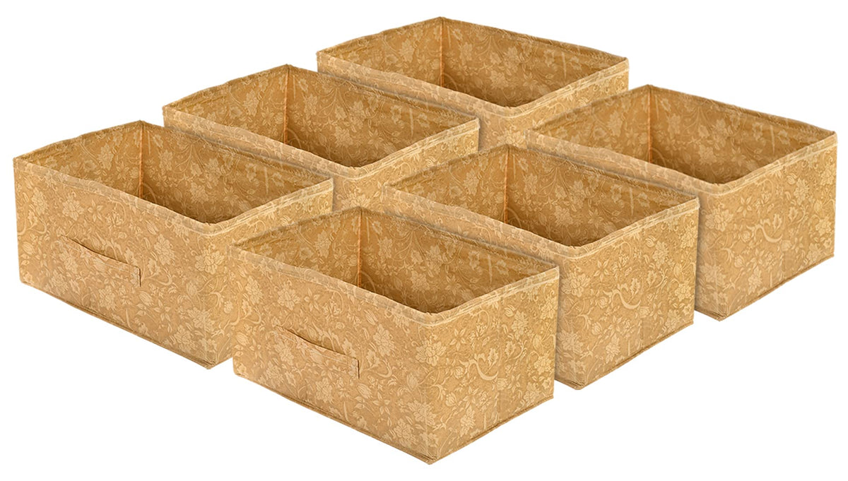 Heart Home Metallic Flower Printed Multipurposes Rectangular Flodable Storage Box, Drawer Storage and Cloth Organizer- Pack of 6 (Brown)-HS43HEARTH26329