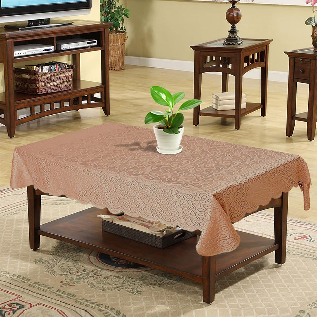 Heart Home Seamless Elegant Printed Cotton 4 Seater Center Table Cover,40"x60" (Red & Brown)-44HH067