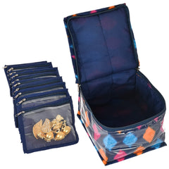 Heart Home Square Navajo Printed Laminated PVC Multipurpose Jewellery Organizer With 10 Transparent Pouches (Blue)-50HH01198